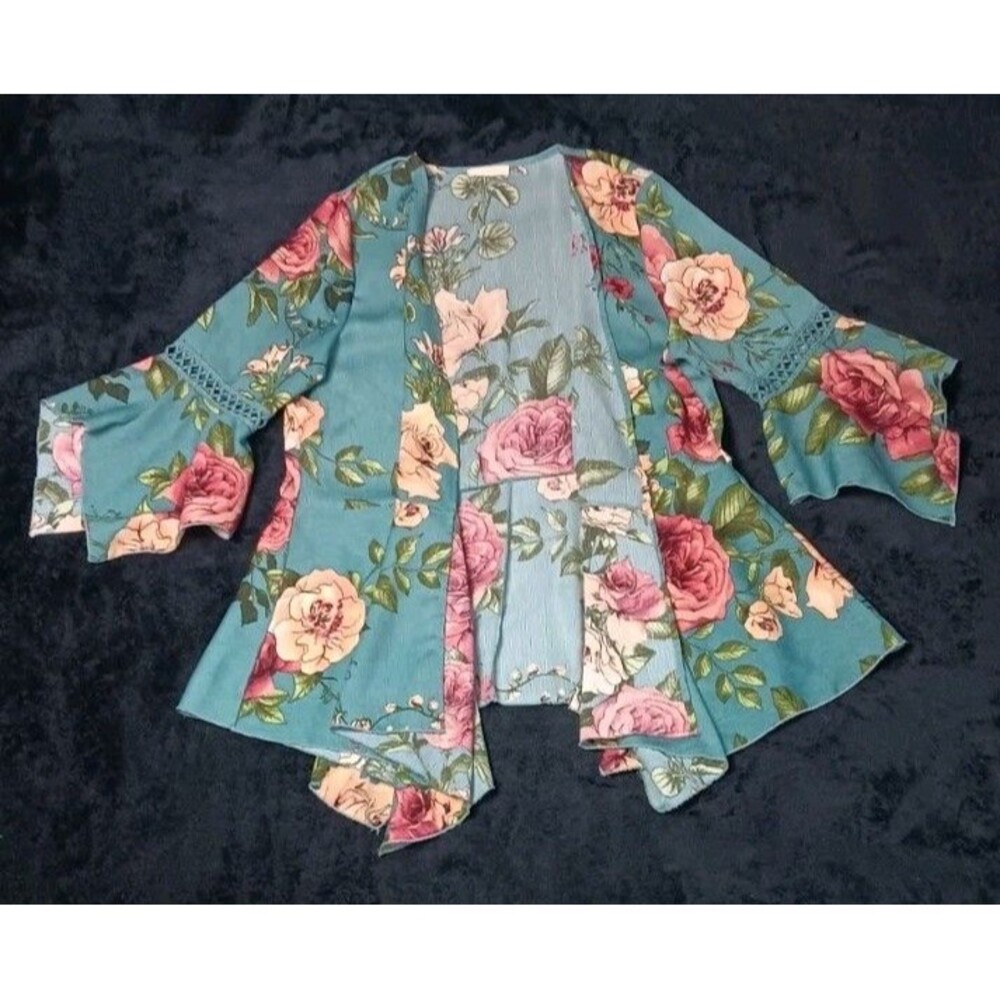Oddy Bell Sleeve Open Front Kimono Duster Cardigan M Floral Teal Blue Cover Up